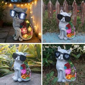 Sharita cat statue wearing glasses with I love you design brightens patios at night