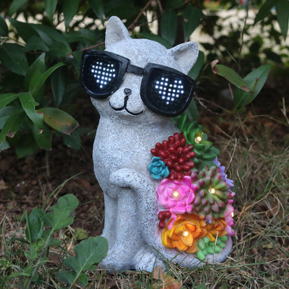 Sharita solar cat garden statue with succulents and LED lights adds charm to outdoor spaces
