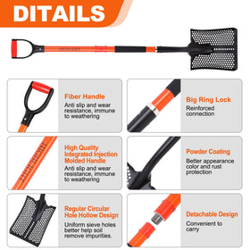 SHARK ATTACK sifting shovel with powder-coated steel for rust resistance.