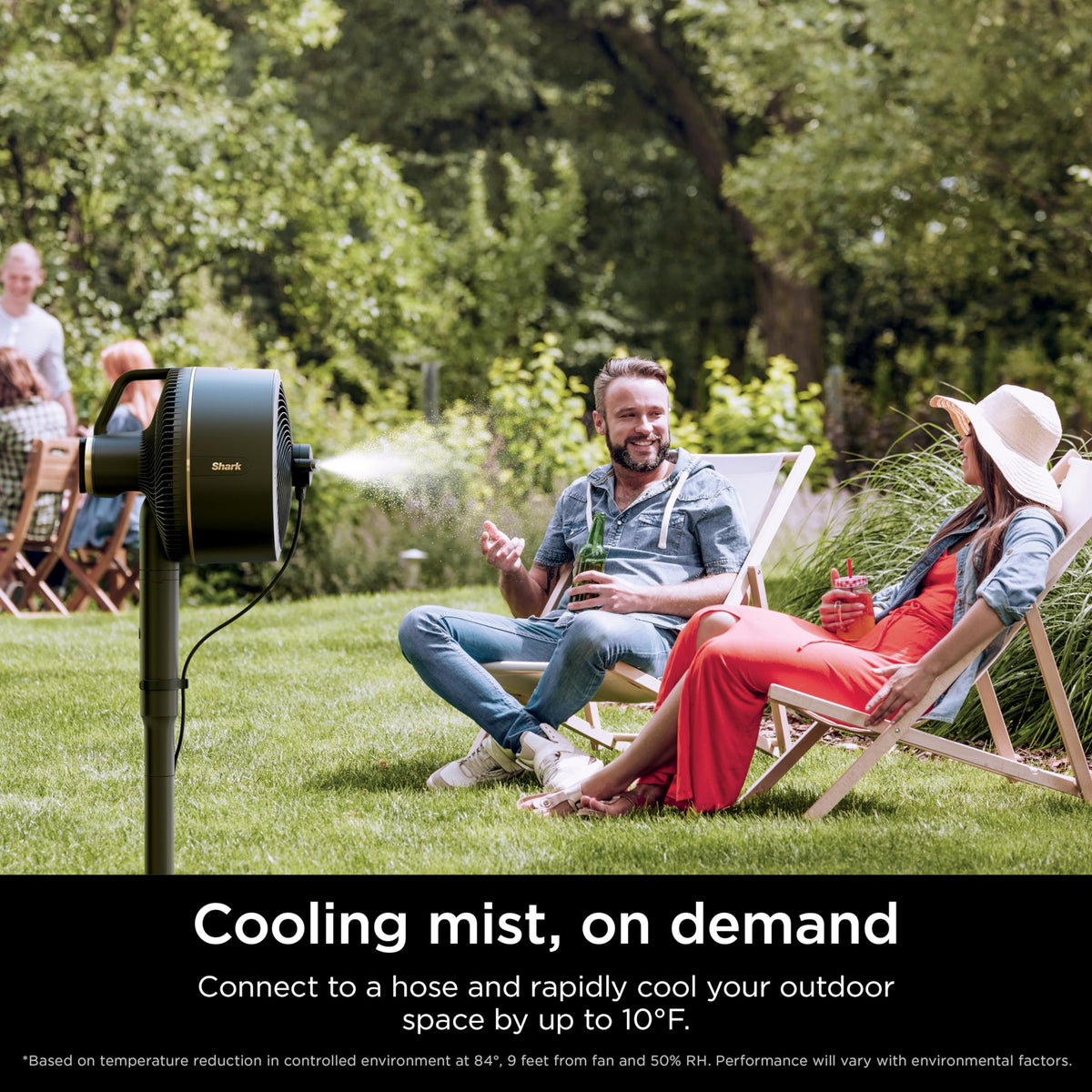 Shark Instacool misting attachment on patio setup provides refreshing mist.