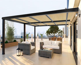 Shatex pergola canopy shade protects meals and relaxation area.