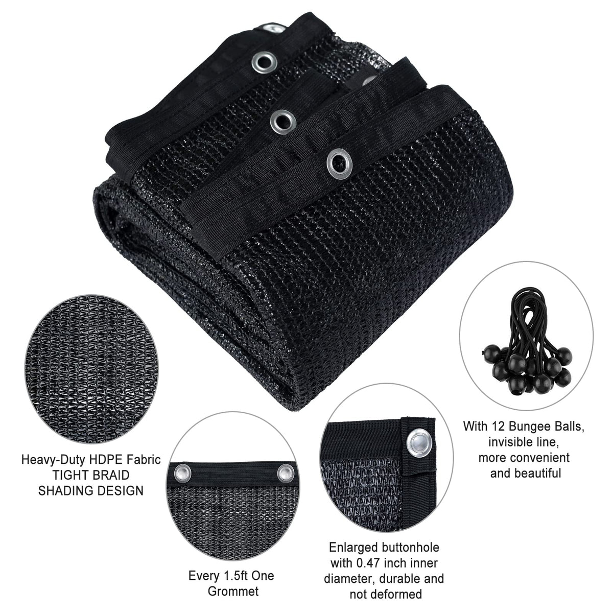Includes 12 bungee balls for quick setup and flexible shade installation.