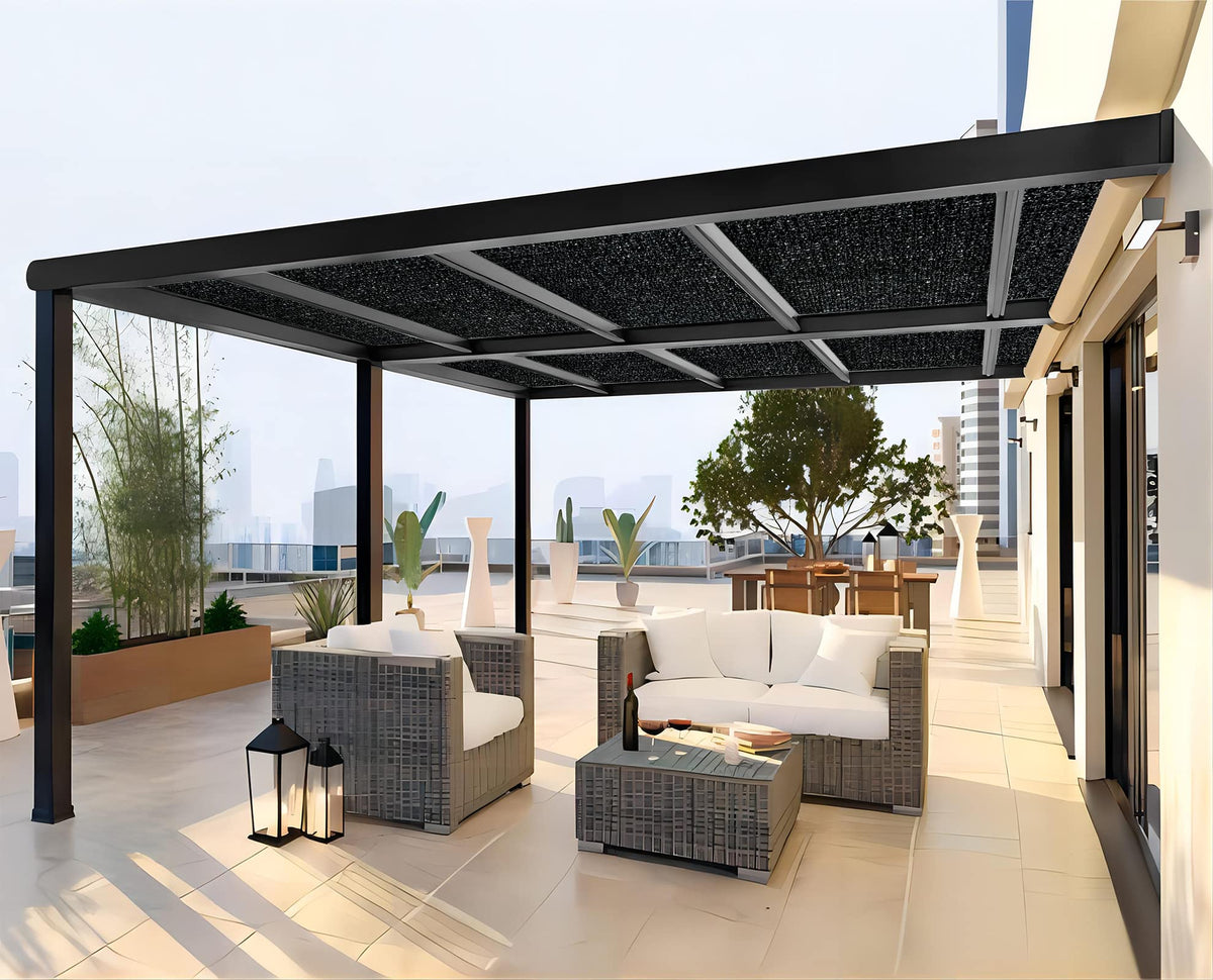 Deck setup with Shatex shade cloth providing outdoor coverage and comfortable seating.