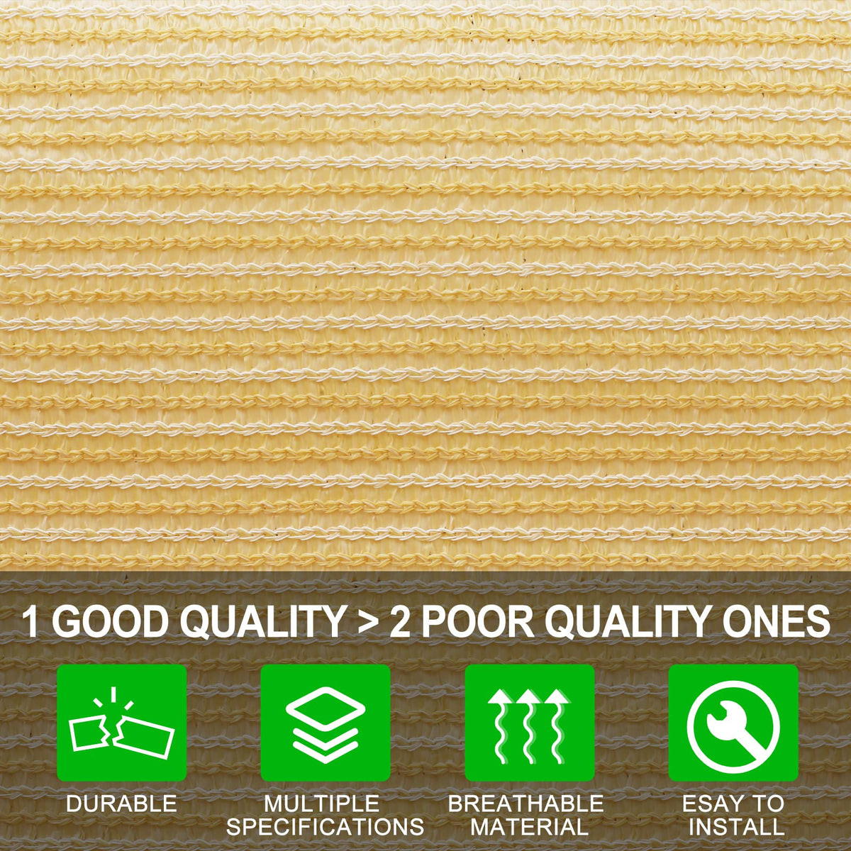 Shatex taped-edge with aluminum grommets ensures durable shade installation.