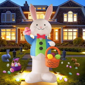 SHDEJTG 12ft rabbit holding a flower basket inflatable for festive yard display.