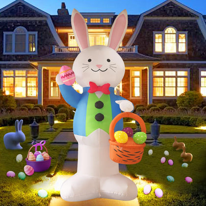 SHDEJTG 12ft rabbit holding a flower basket inflatable for festive yard display.