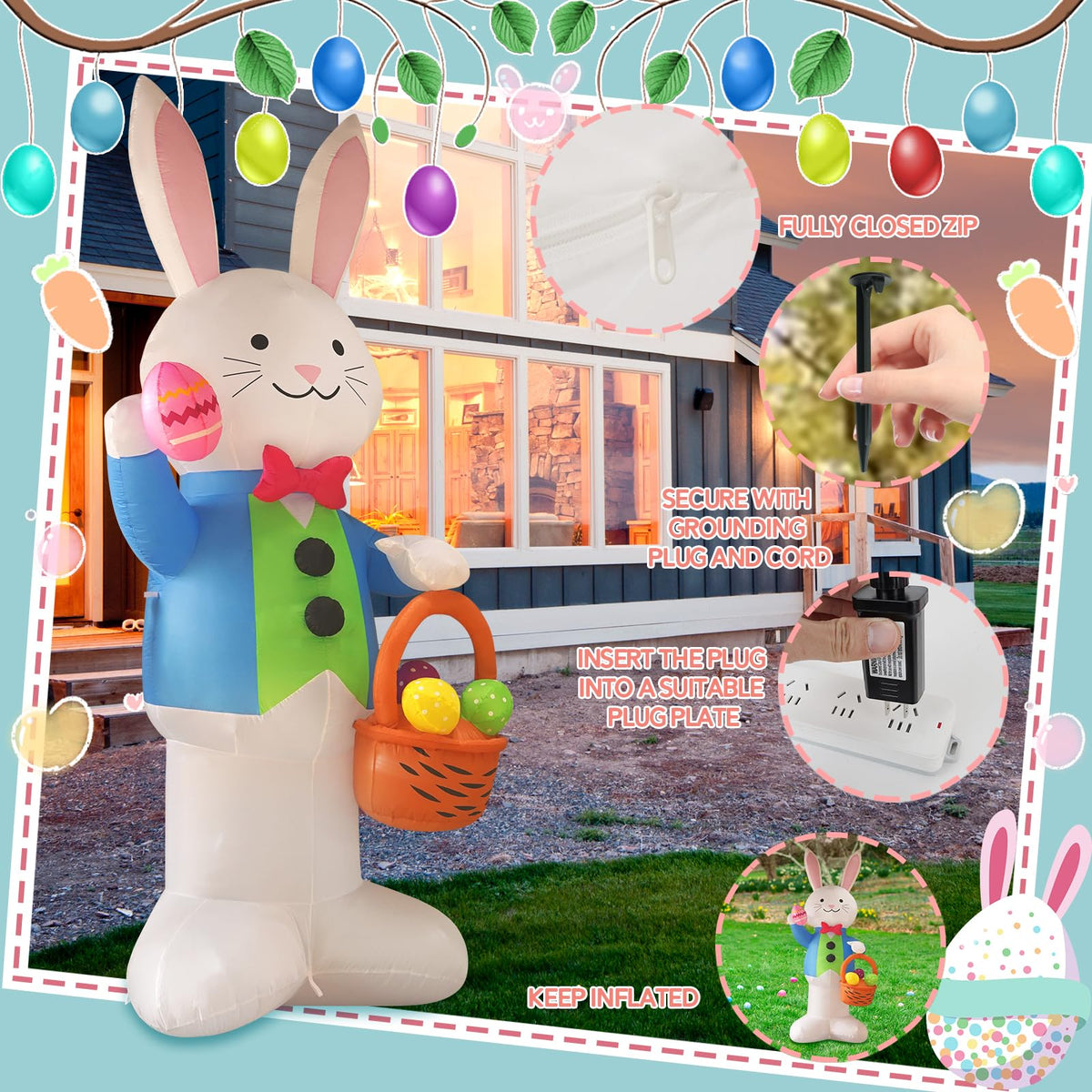 SHDEJTG Easter bunny with flower basket glows at night for curb appeal.
