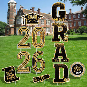 Blue and gold yard signs brighten outdoor graduation parties