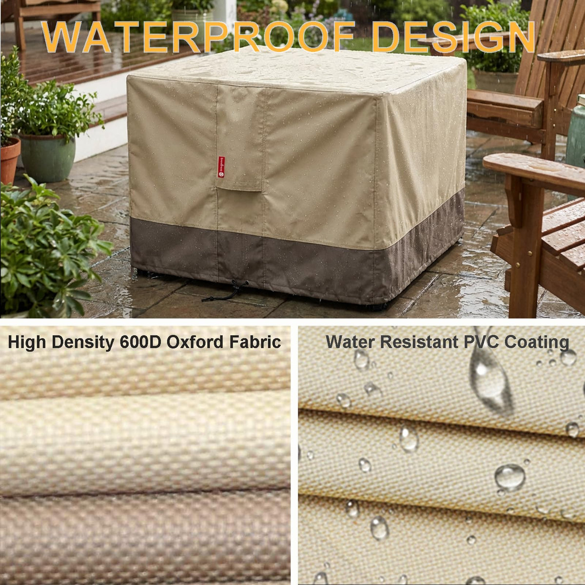 SheeChung 28in square fire pit cover material-600D highlights durability.