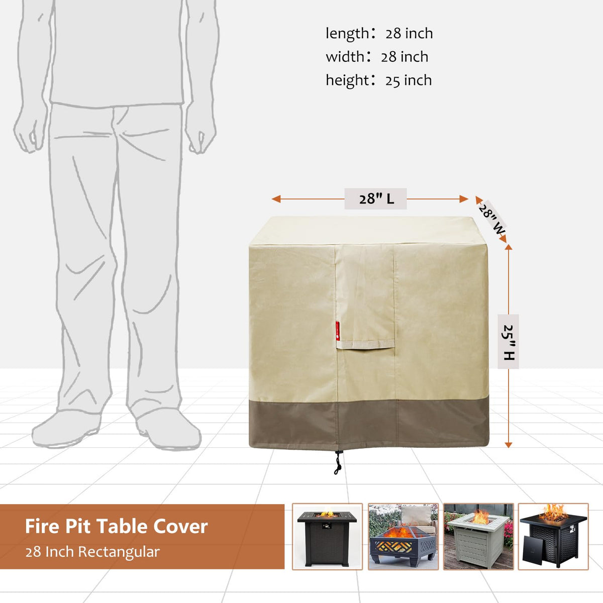 SheeChung square 28in fire pit cover side view shows heavy-duty 600D fabric.