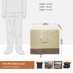 SheeChung square 28in fire pit cover side view shows heavy-duty 600D fabric.
