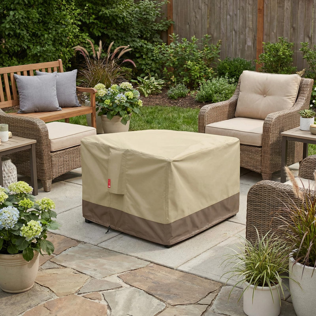 SheeChung square 28in fire pit cover waterproof fabric shields the pit from snow.
