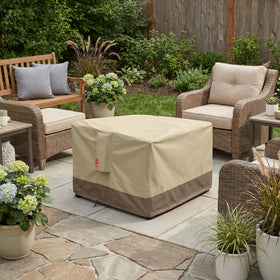 SheeChung square 28in fire pit cover waterproof fabric shields the pit from snow.