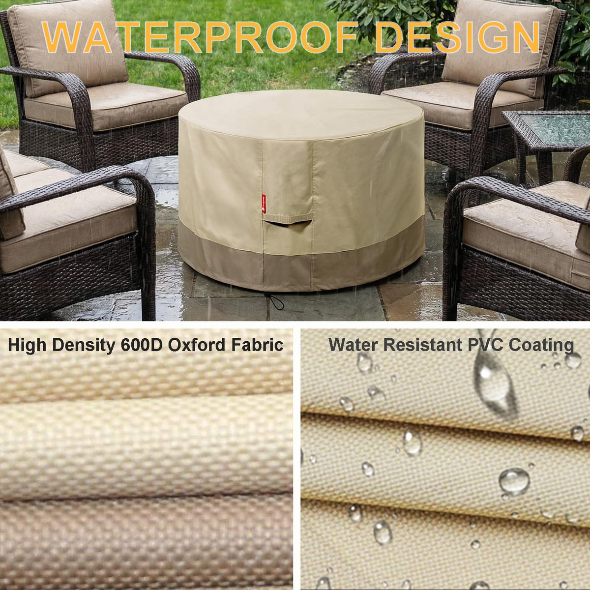 SheeChung fire pit cover 600D waterproof fabric keeps moisture out and your pit dry.