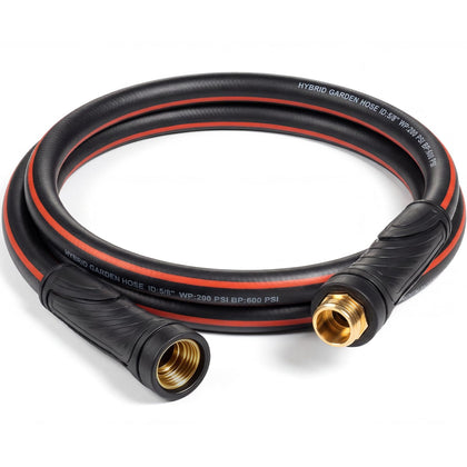 SheeChung short garden hose with brass fittings for a secure, leak-free faucet connection.