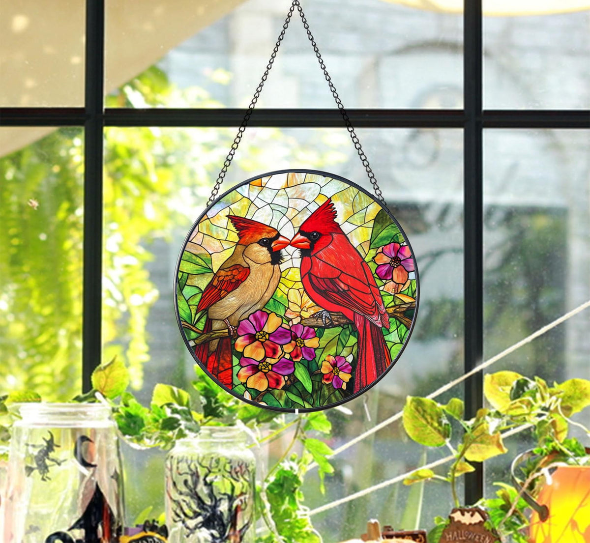 SHEING Hand-painted cardinal sun catcher adds warm, hopeful charm.