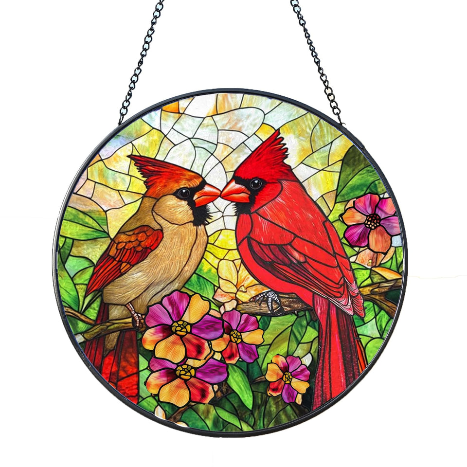 SHEING Cardinal stained glass window hanging in sun with vivid colors.