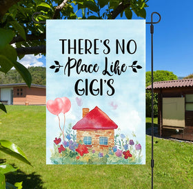 ShelbyShops Gigi's Garden Flag displayed outdoors, durable polyester for year-round decor.