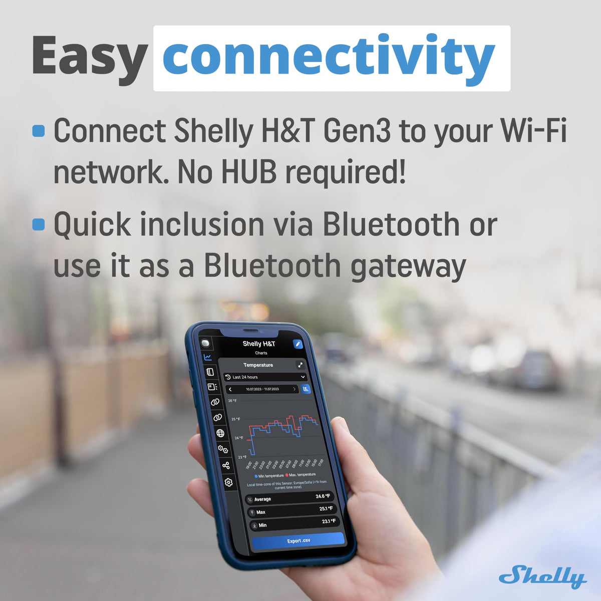 Shelly H&T Gen3 White app control on a smartphone for remote management.