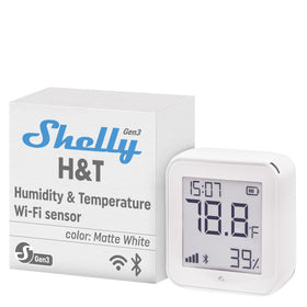 Shelly H&T Gen3 White device on table with real-time nursery temperature readings.
