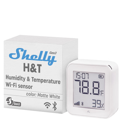 Shelly H&T Gen3 White device on table with real-time nursery temperature readings.