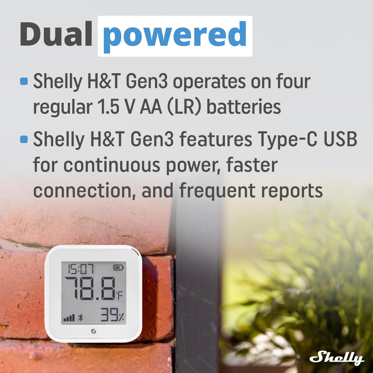 Shelly H&T Gen3 White e-paper display in low-power mode.