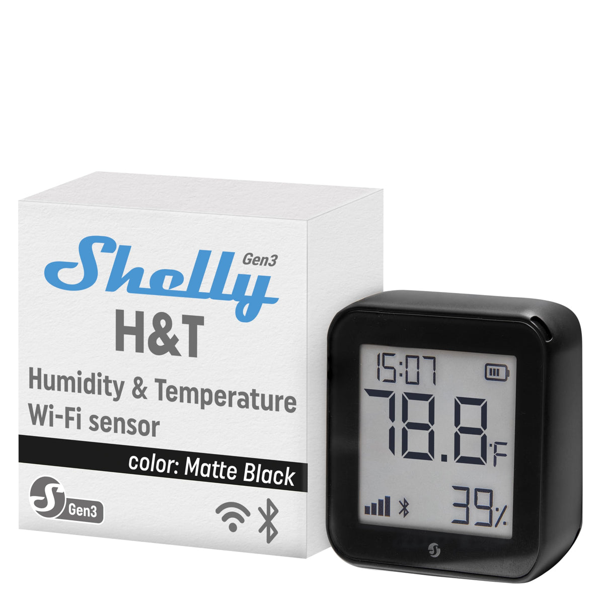 Shelly H&T Gen3 Black front view, compact sensor for discreet room placement.