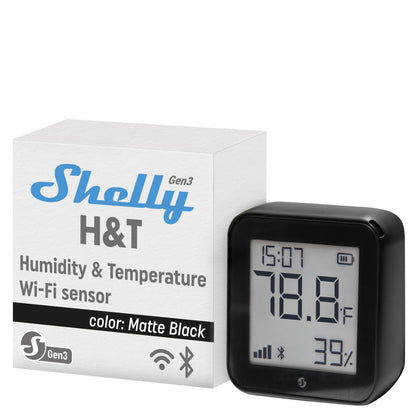 Shelly H&T Gen3 Black front view, compact sensor for discreet room placement.