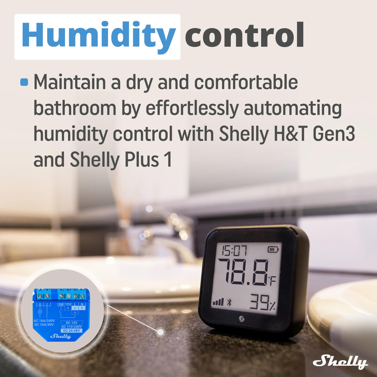 Shelly H&T Gen3 Black LCD display: at-a-glance temperature and humidity readings.