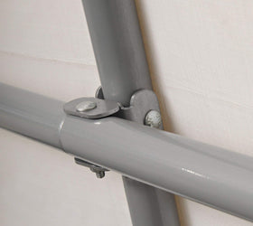 ShelterLogic Shed-in-a-Box assembly guide view emphasizes quick setup and alignment.