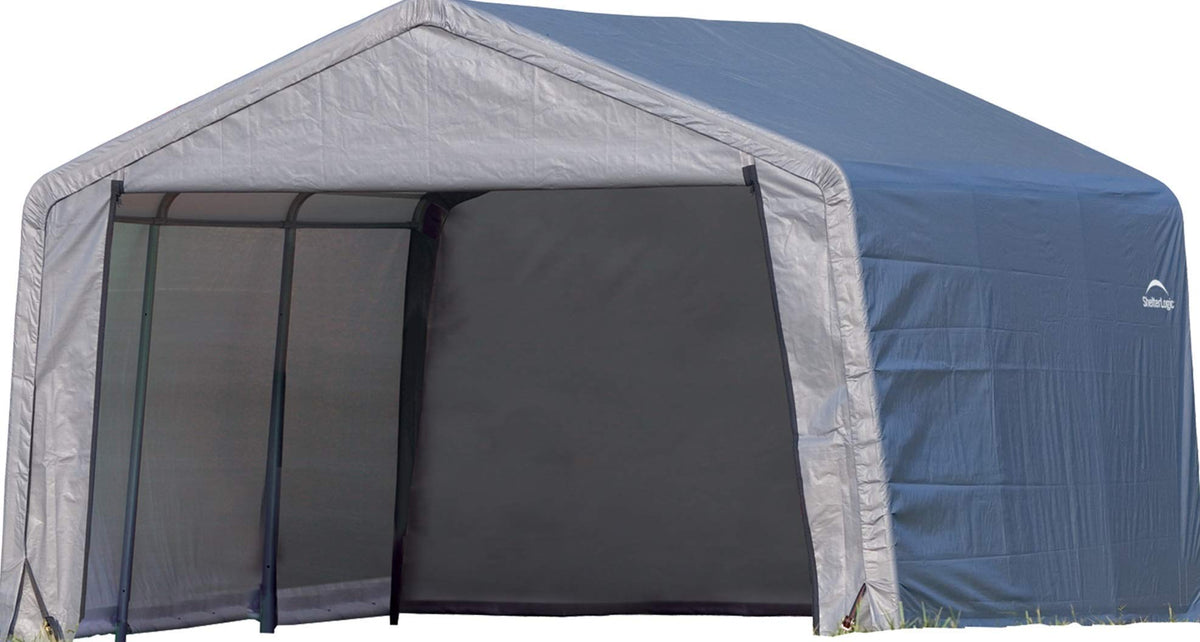 ShelterLogic Shed-in-a-Box exterior front view shows a rugged steel frame for durable outdoor storage.