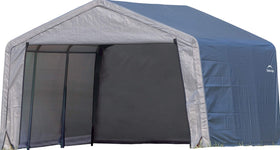 ShelterLogic Shed-in-a-Box exterior front view shows a rugged steel frame for durable outdoor storage.
