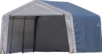 ShelterLogic Shed-in-a-Box exterior front view shows a rugged steel frame for durable outdoor storage.