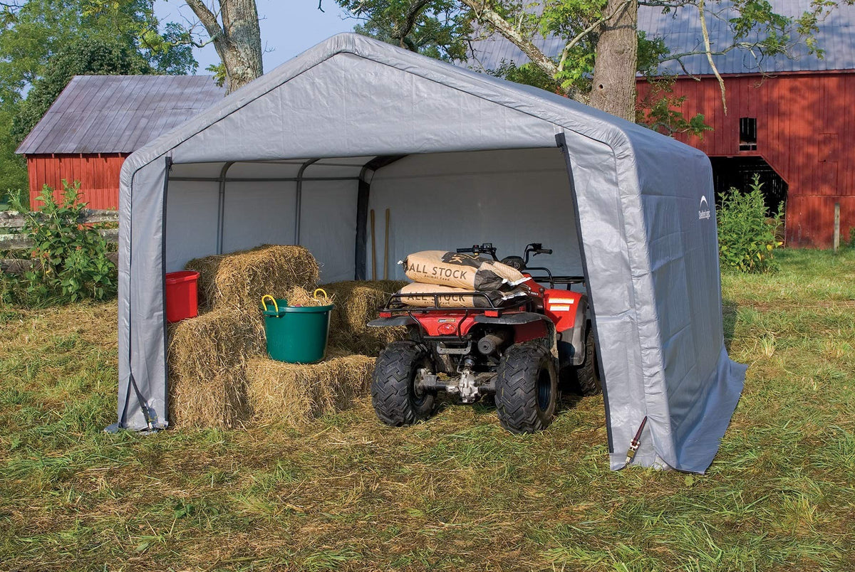 ShelterLogic Shed-in-a-Box steel frame close-up highlights powder-coated durability.
