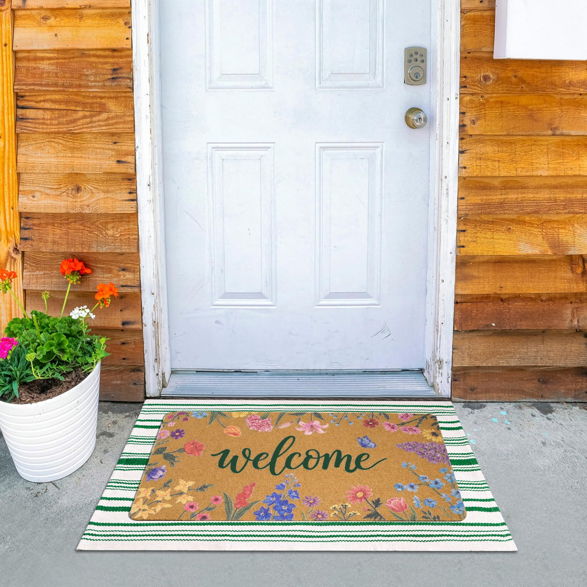 Shemilly green-white stripe door mat fits porches and foyers with outdoor durability