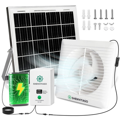SHENVITASO 8-inch solar exhaust fan delivering 430 CFM for coops and greenhouses