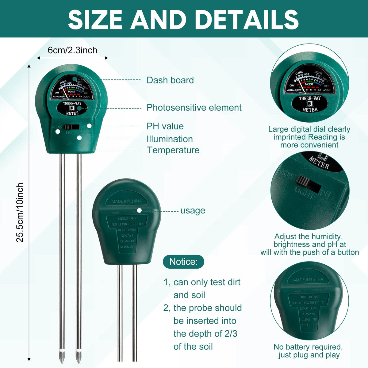 Sherr 3-in-1 soil tester checks moisture, pH, and sunlight for healthier pots.