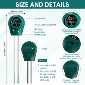 Sherr 3-in-1 soil tester checks moisture, pH, and sunlight for healthier pots.
