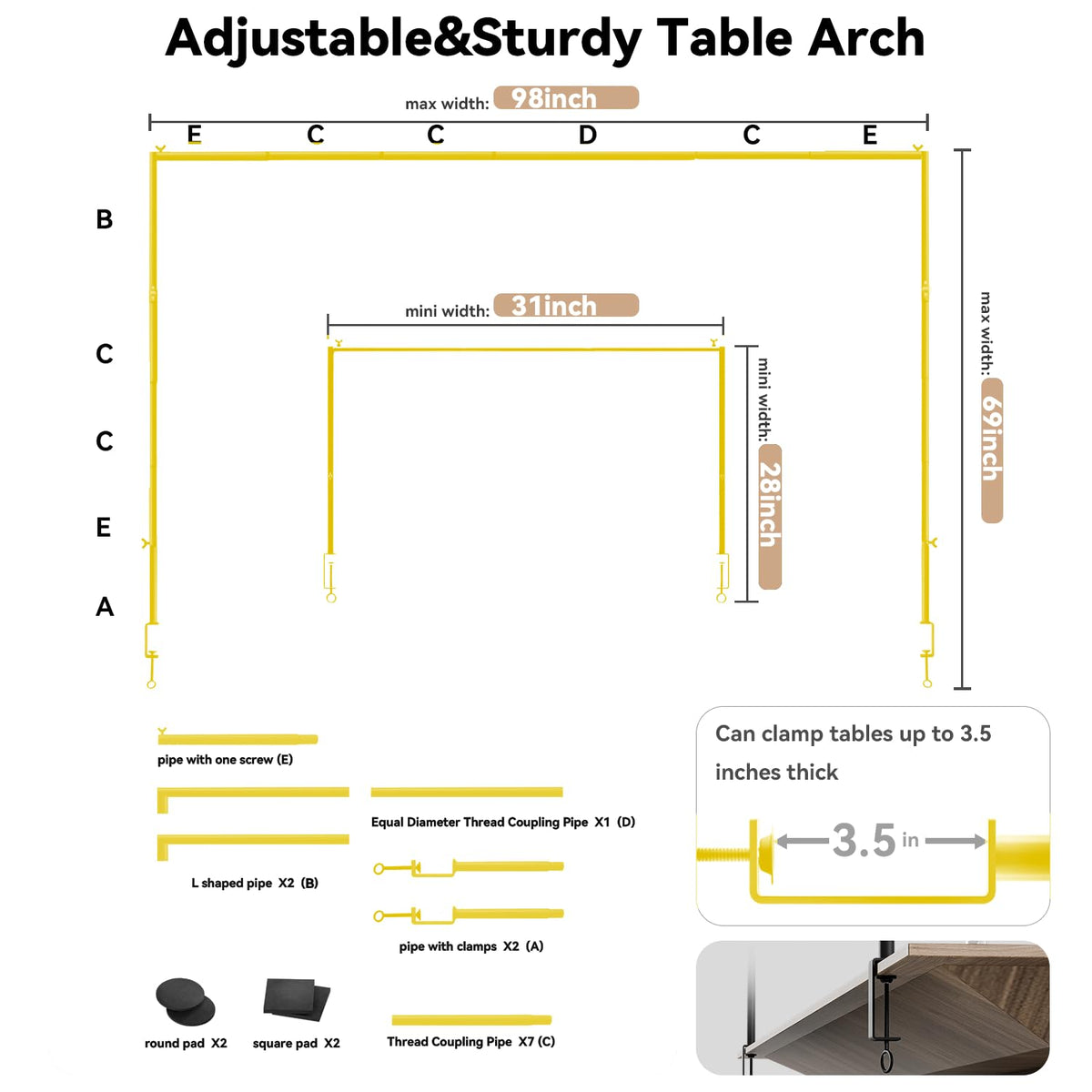 SHIJING table arch setup shows adjustable height and width.