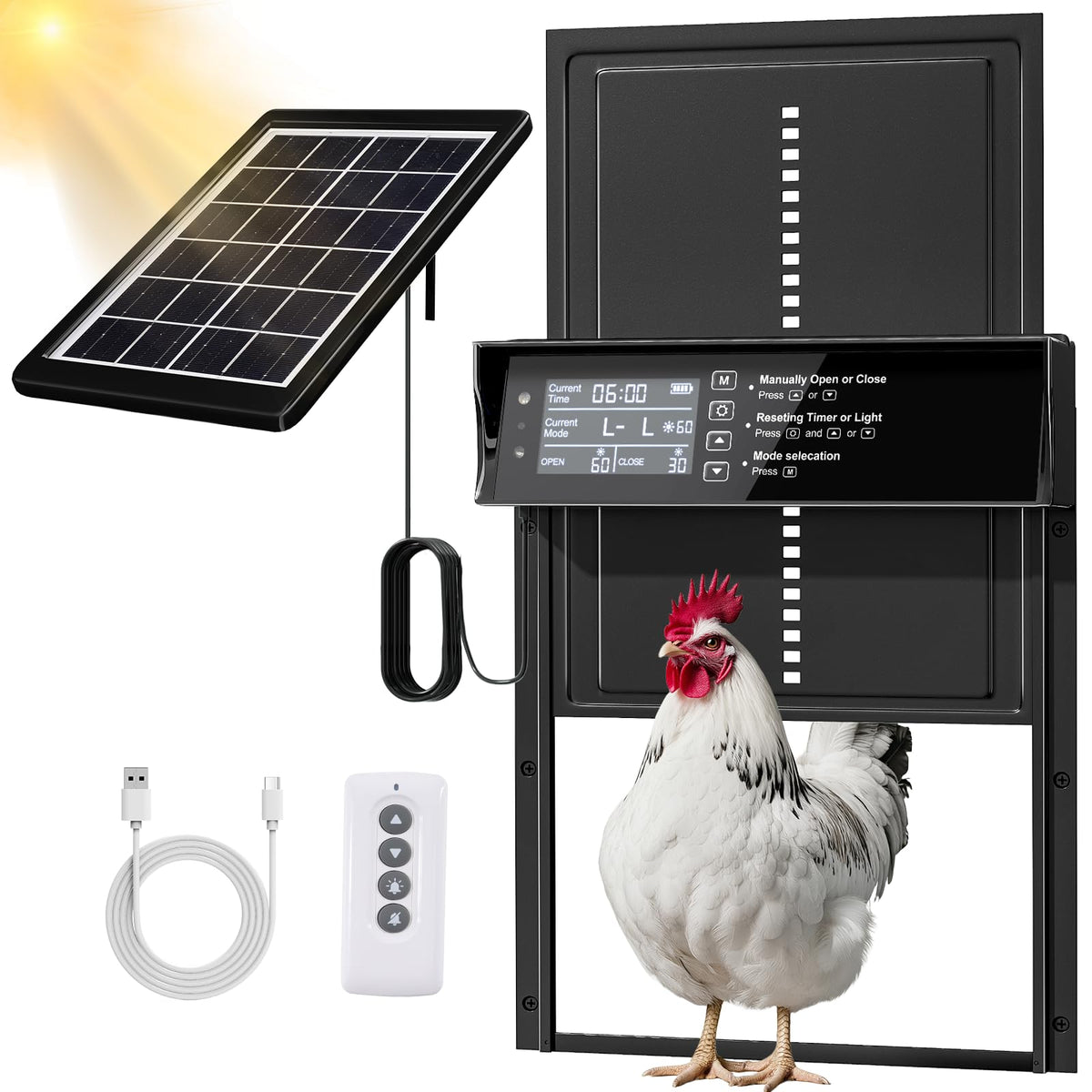 Shikha solar chicken coop door panel in action, showing solar charging and smooth operation.