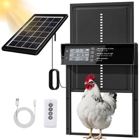 Shikha solar chicken coop door panel in action, showing solar charging and smooth operation.