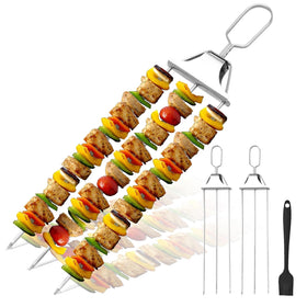 SHIKORI 17inch 3-Way Skewers with push rod design in action for safe food placement