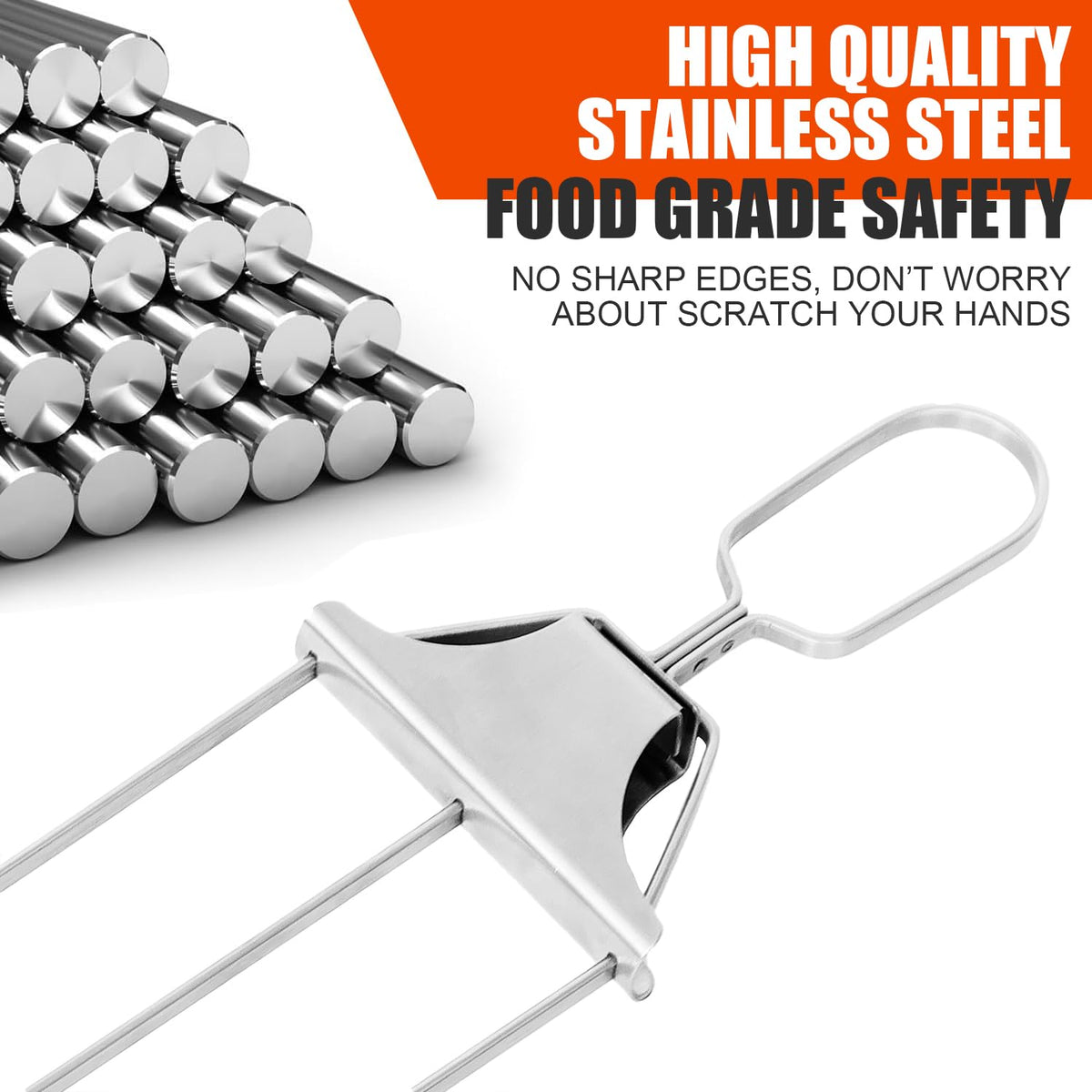 Close-up of SHIKORI 430 stainless steel skewers showing durable construction