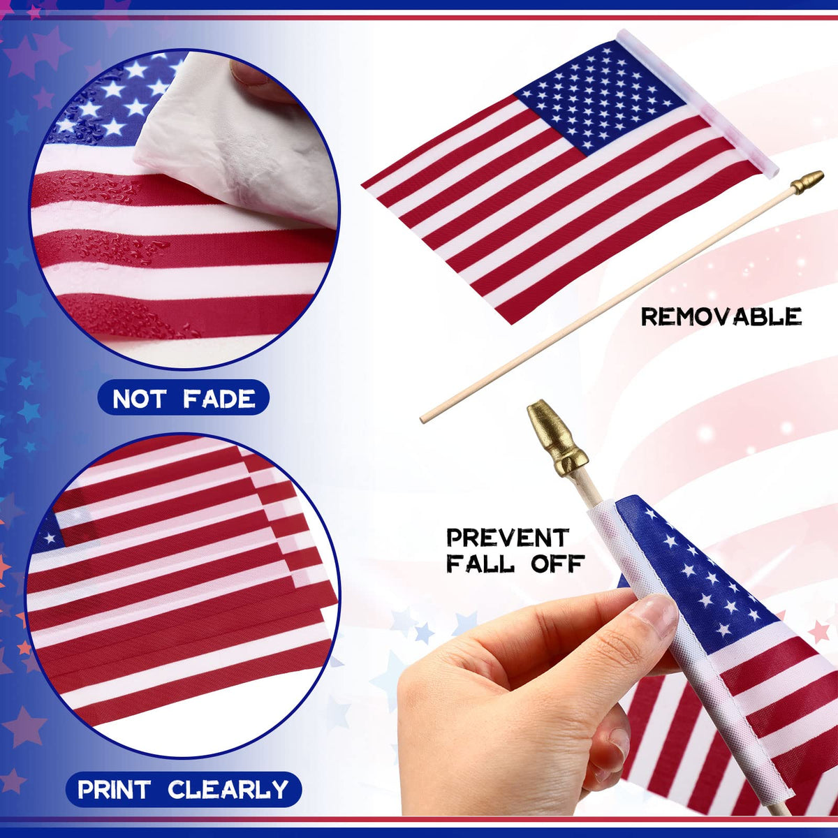 Shimeyao mini flags with wooden poles, durable for repeated use.