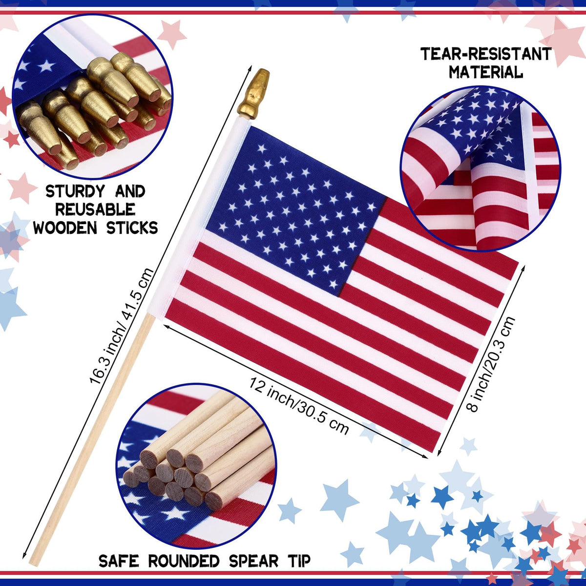 Shimeyao patriotic decor flag on a stick, bulk pack for events.