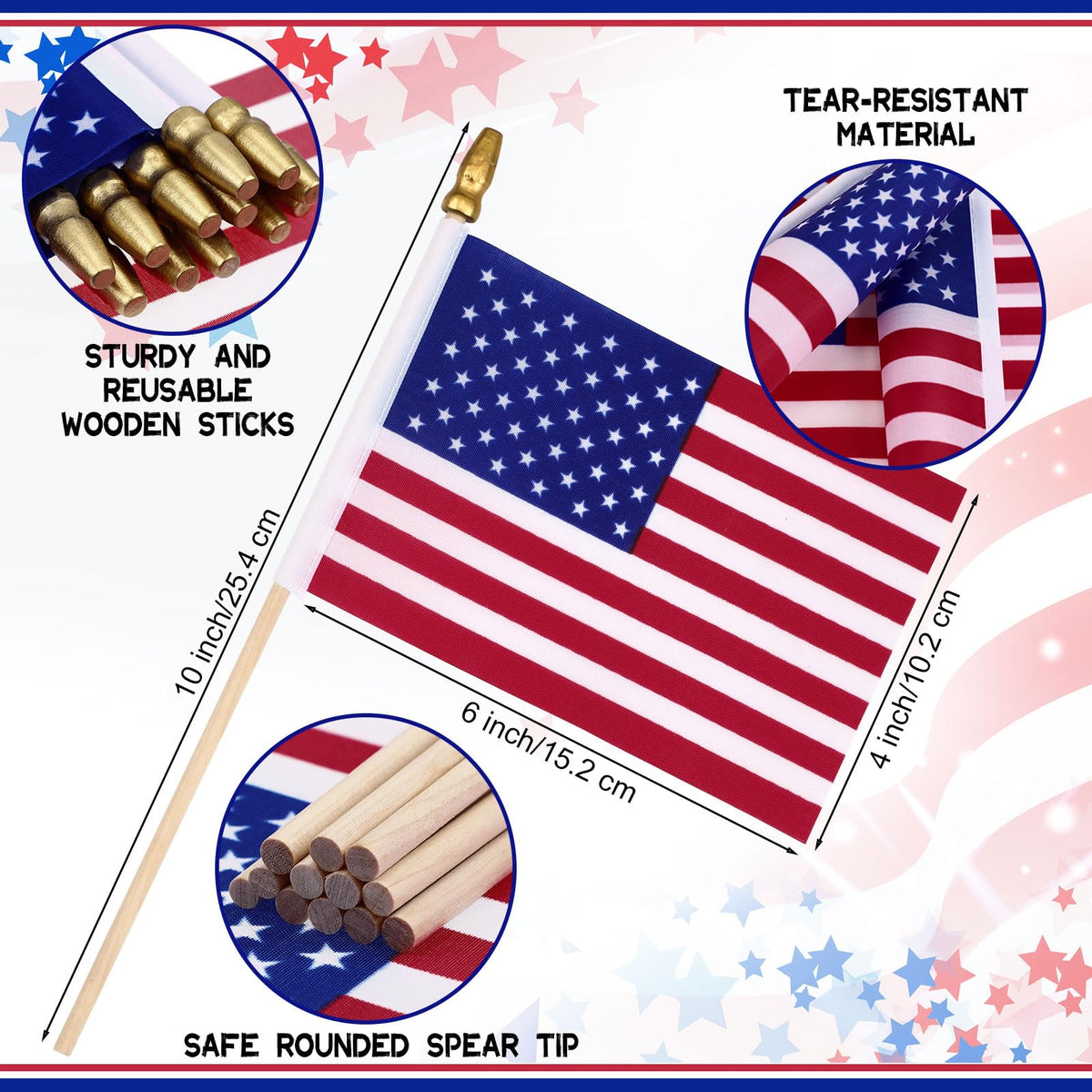 Shimeyao USA flag on wooden pole closeup, showcasing sturdy construction for events.