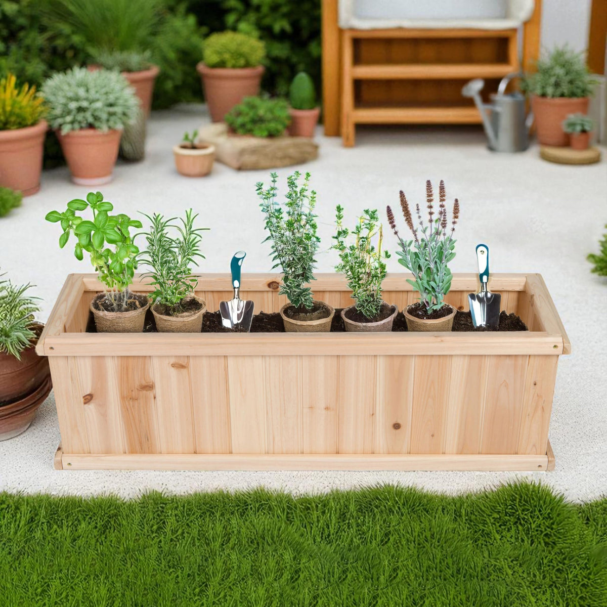 Shine Company premium cedar raised garden bed side view, ample planting space for vegetables and herbs.