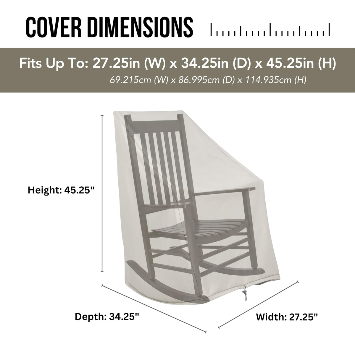 Shine Company weatherproof rocking-chair-cover elastic toggle keeps cover securely in place.