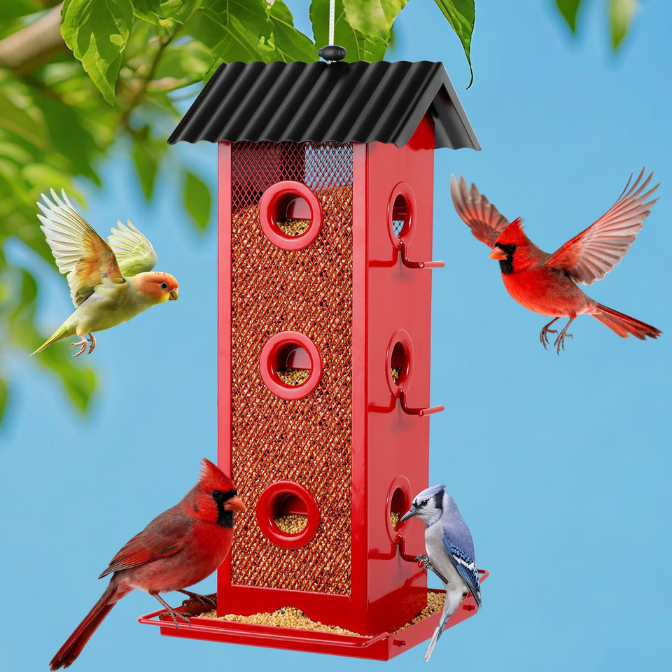 Shineforu all-metal 14-port feeder, side view with spacious perches.