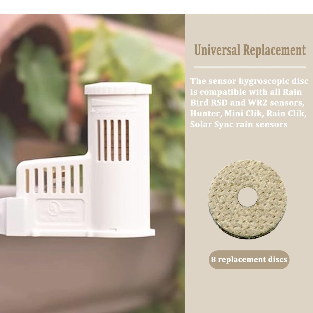 Shinelan hygroscopic discs demonstrating WR2 compatibility for wireless Rain Bird sensors.